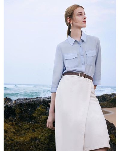 GOELIA Acetate Shirt And Half Skirt Two-Piece Set With Leather Belt - White