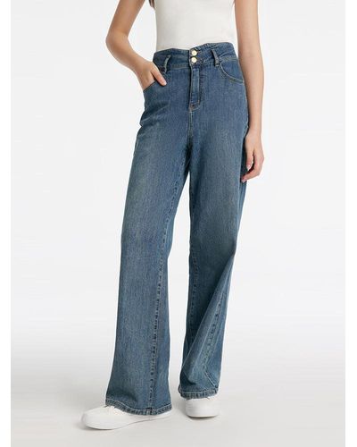 GOELIA High-Waisted Loose Straight Full Length Jeans - Blue