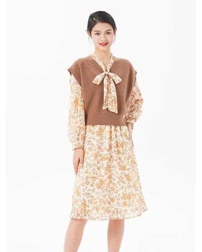 GOELIA Satin Chiffon Dress And Vest Two-Piece Set - Natural