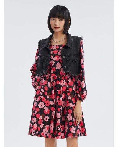 GOELIA Denim Vest And Floral Print Mini Dress Two-Piece Set - Red