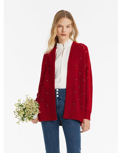 GOELIA Wool Sequins Bead Knitted Cardigan - Red