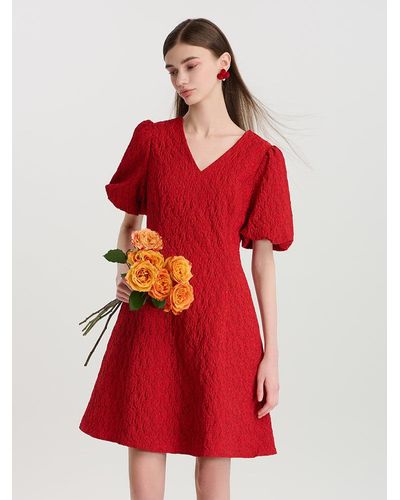 GOELIA Jacquard V-Neck Mini Dress With 3D Rose Belt - Red