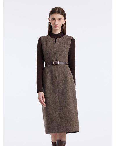 GOELIA Washable Wool Vest Dress And Knitted Sweater Two-Piece Set With Belt - Brown