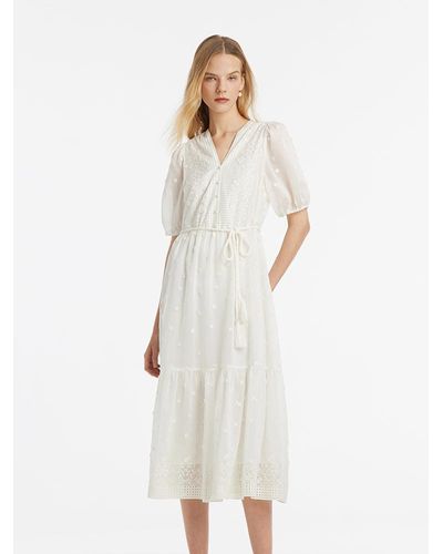 GOELIA Tencel V-Neck Embroidered Maxi Dress With Belt - White
