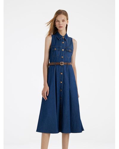 GOELIA Denim Lapel Midi Vest Dress With Belt - Blue