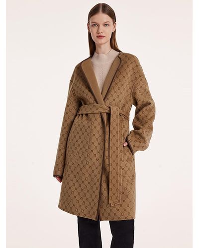 GOELIA Pure Wool Reversible Printed Wrapped Coat With Belt - Natural