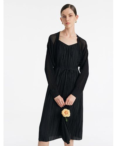 GOELIA Pleated Spaghetti Strap Midi Dress And Knitted Openwork Cardigan Two-Piece Set - Black