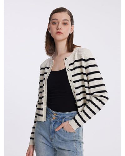 GOELIA Striped Pearl Button Knitted Cardigan - White