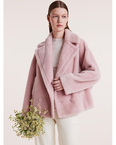 GOELIA Lapel Double-Breasted Teddy Lamb Wool Short Coat - Pink