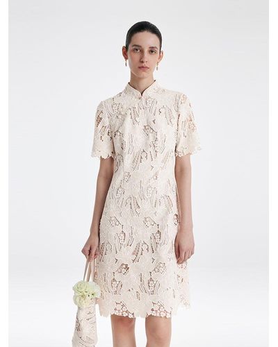 GOELIA Lace Floral-Shaped Openwork Cheongsam Qipao Mini Dress With Handbag - White