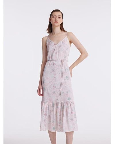 GOELIA 19 Momme Mulberry Silk Map Printed Midi Dress With Belt - Pink