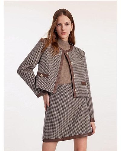 GOELIA Washable Wool Patchwork Jacket And Skirt Two-Piece Suit - Brown