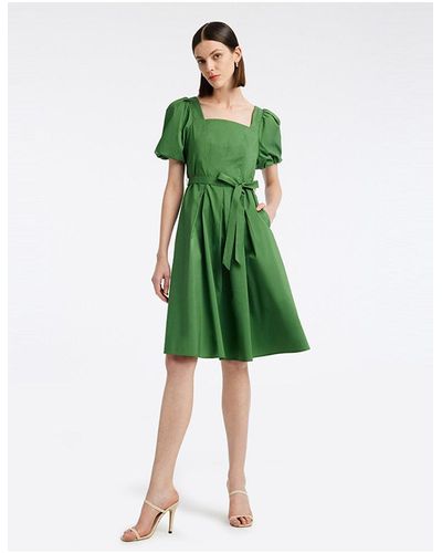 GOELIA Square Neck Puff Sleeve A-Line Mini Dress - Green