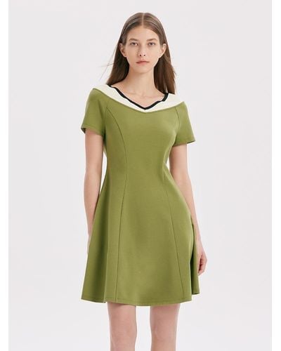 GOELIA V-Neck Slim Patchwork Mini Dress - Green