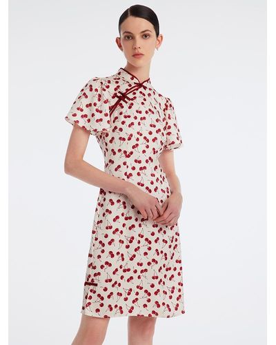 GOELIA Mandarin Collar Cherry Print Cheongsam Qipao Midi Dress - White
