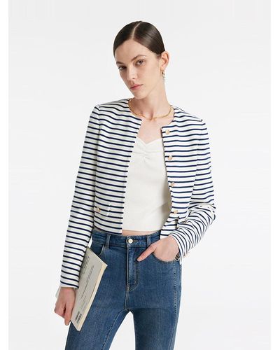 GOELIA Cotton Striped Single-Breasted Crop Jacket - White