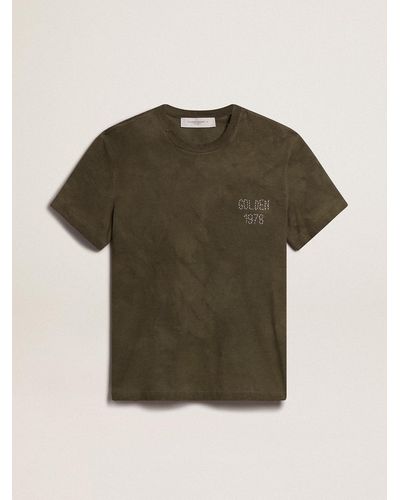 Golden Goose Beech-Colored Cotton T-Shirt With Embroidery On The Front - Green