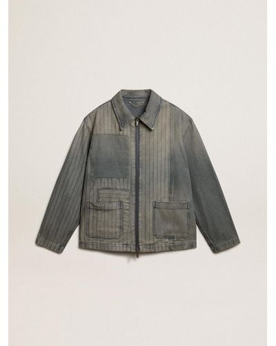 Golden Goose ’S Denim Jacket With Stripes And Patches On The Front - Gray