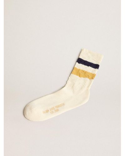Golden Goose Aged- Socks With Distressed Details And Two-Tone Stripes - Natural
