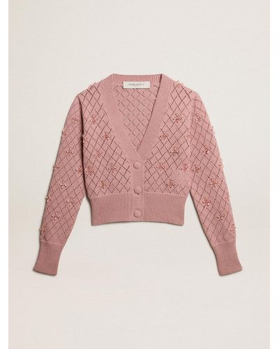 Golden Goose Openwork Cotton Cropped Cardigan With Decorative Crystals - Pink