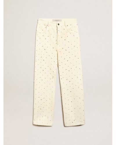 Golden Goose Journey Collection Kim Jeans In Off-white Cotton With Diamond Patterns And The Addition Of Beads And Crystals - Natural