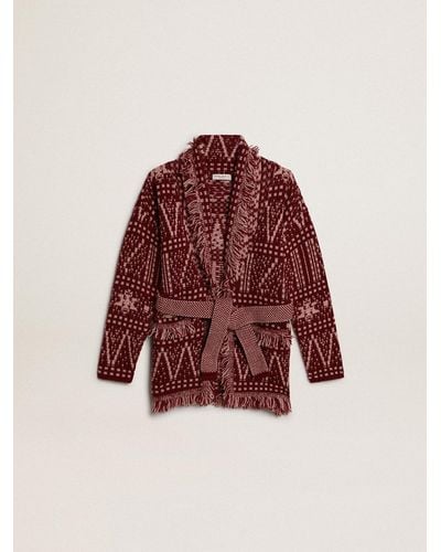 Golden Goose Girls’ Belted Cardigan With Burgundy Fair Isle Motif - Red