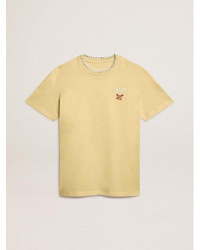 Golden Goose T-Shirt Femme En Jersey De Coton Avec Broderie Sur’Encolure Et La Poitrine, Femme, Taille - Jaune