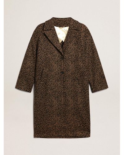 Golden Goose Single Breasted Cocoon Coat In Wool With Jacquard Animal Pattern - Brown