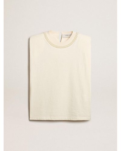 Golden Goose Aged Sleeveless T-Shirt With Pearl Embroidery - Natural