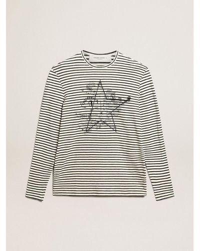 Golden Goose T-Shirt With And Stripes And Embroidery On The Front - Blue