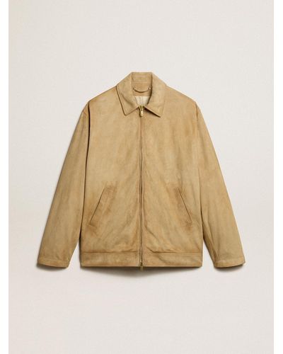 Golden Goose Colored Leather Jacket With Zip Fastening - Natural