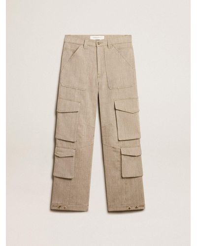 Golden Goose Dark-Colored Cotton Cargo Pants With A Herringbone Design - Natural