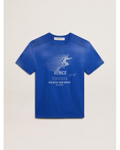 Golden Goose T-Shirt En Coton Bleu Avec Poster Marathon Sur Le Devant, Homme, Taille