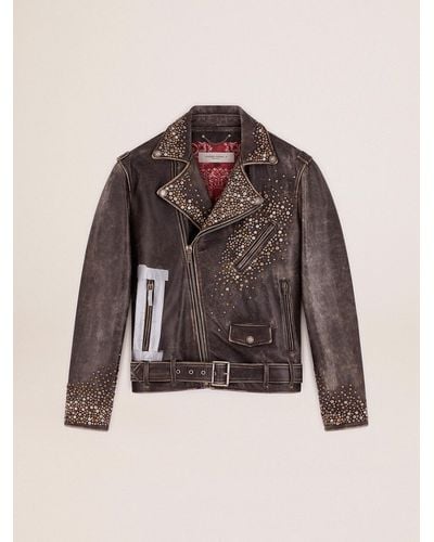 Golden Goose Leather Biker Jacket With Hammered Studs And Adhesive Tape - Multicolor