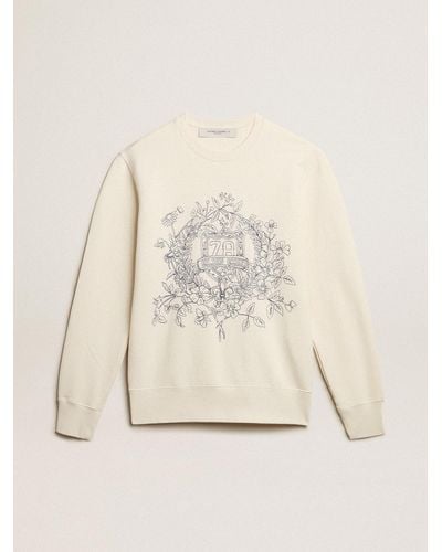 Golden Goose Aged Cotton Sweatshirt With Embroidery On The Front - Natural