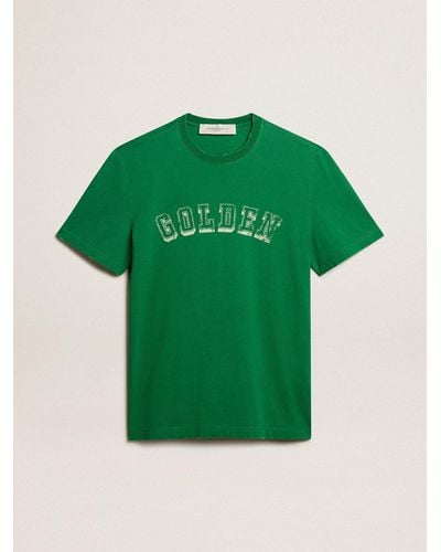 Golden Goose T-Shirt Homme En Coton Vert Avec Inscription Au Centre, Homme, Taille