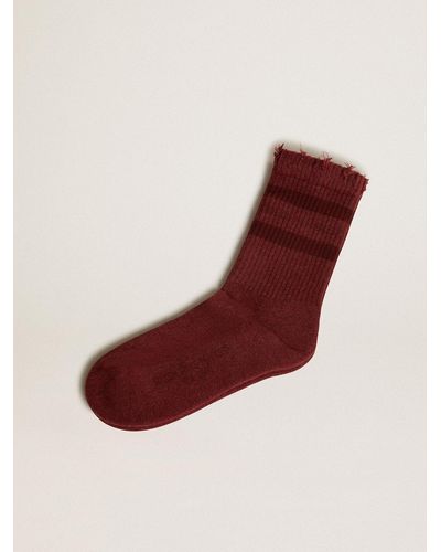 Golden Goose Burgundy Socks With Distressed Details And Tone-On-Tone Stripes - Brown