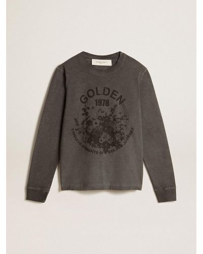 Golden Goose Anthracite Cotton T-Shirt With Print On The Front - Gray
