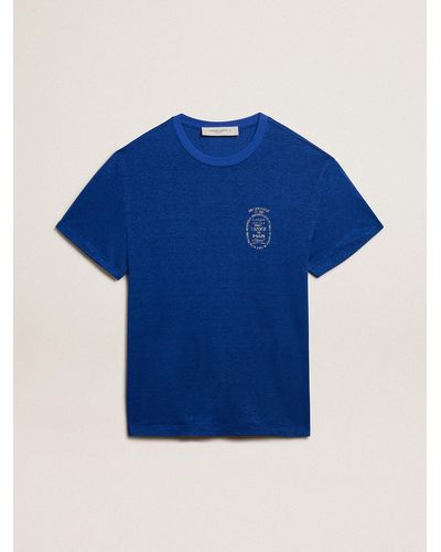 Golden Goose ’S-Colored Linen T-Shirt With Print On The Chest - Blue