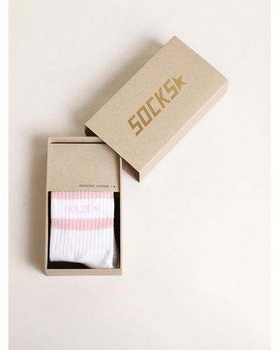 Golden Goose White Cotton Socks With Pink Stripes And Logo - Natural