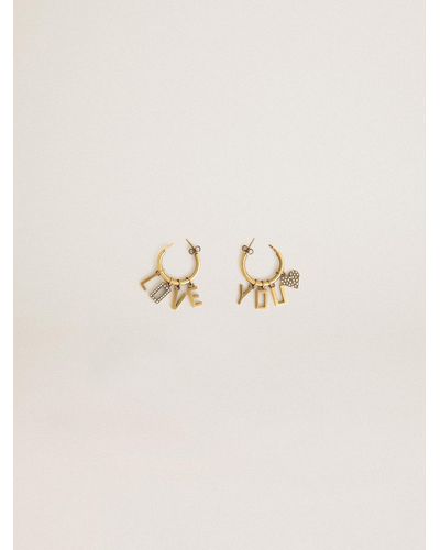 Golden Goose Hoop Earrings With Drop Love You Lettering And Crystals - Natural