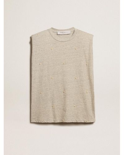 Golden Goose Aged Sleeveless T-Shirt With Padded Shoulder And Pearls - Natural