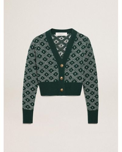 Golden Goose 'Cropped Cardigan With And Jacquard Diamond Pattern - Green