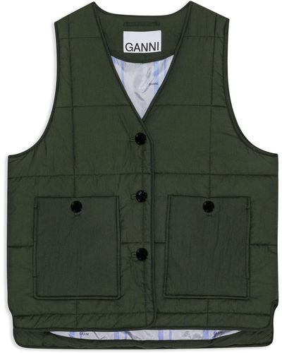 Ganni Button-up Quilted Gilet - Green