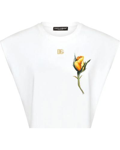 Dolce & Gabbana T-shirt cropped in jersey con logo DG e ricamo rosa patch - Bianco
