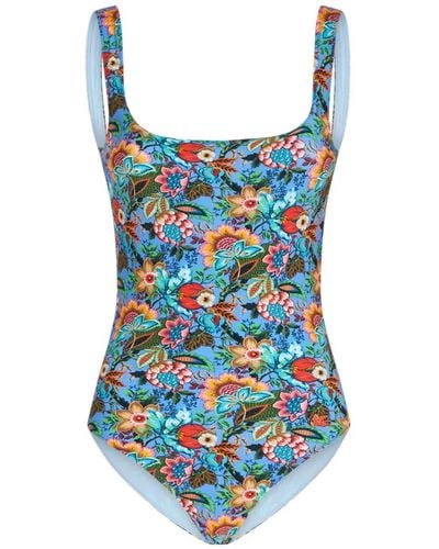 Etro Bouquet-print Open-back Swimsuit - Blue