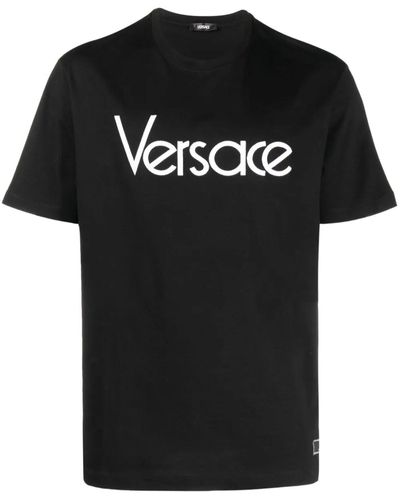 Versace T-shirt girocollo con logo lettering a contrasto in cotone - Nero