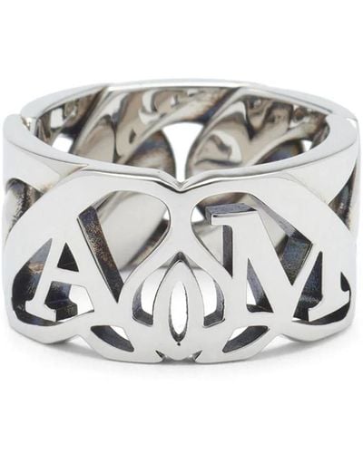 Alexander McQueen Anello a catena con logo seal in argento anticato - Metallizzato