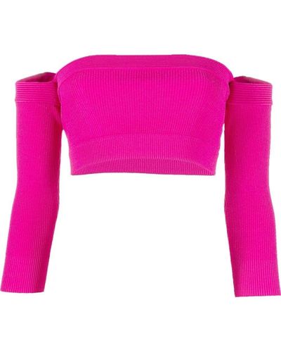Alexander McQueen Woman - Fuchsia Long Sleeve Crop Top With Off Shoulders - Pink