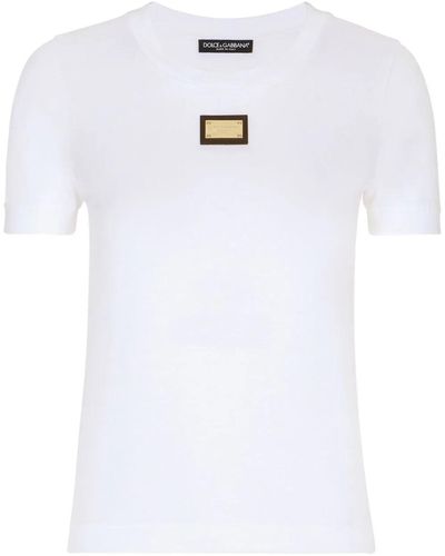 Dolce & Gabbana T Shirt Con Placca Logata In Metallo - Bianco